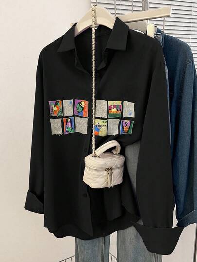 女士纯色印花前开襟休闲长袖衬衫，黑色，适合度假和春季穿着