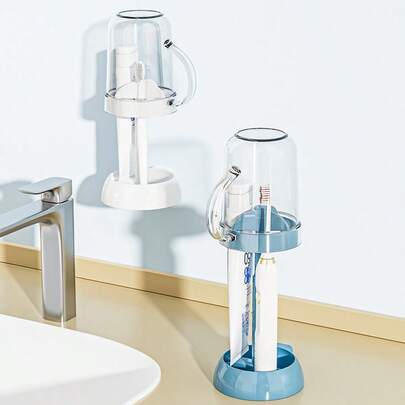 2件套（牙杯+杯架）多功能塑料牙刷牙膏架套装浴室收纳架配防尘罩排水功能适合家用浴室挂件