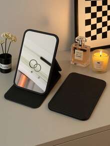 便携式折叠仿皮化妆镜，高清玻璃表面 - 宿舍、旅行和美容礼品的理想选择 - 黑色 - 查看 5