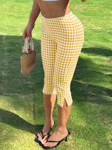 Women's Retro Skinny Fit Gingham Capri Pants With Delicate Lace Trim Side Slit Comfortable Cropped Trousers For Casual Daily Outfits - 黃色 - 查看 3