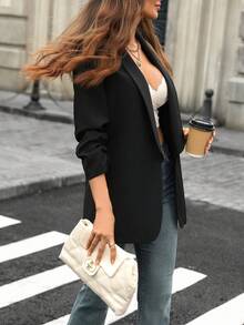 Women's Solid Color Minimalist Casual Lightweight Spring Blazer, Fashionable Elegant Lapel Fitted Spring Jacket Black - Black - View 3