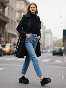 9 厘米厚底露趾拖鞋，女士一脚蹬平底凉鞋，2025 年春秋季新品 - 黑色 - 查看 9