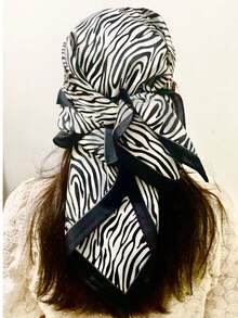 1pc Women's Printed Small Square Scarf Fashion Versatile Hair Band Decoration Thin Style Suitable For Daily Use - Black and White - View 5
