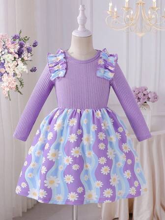 Robe de mode automne/hiver pour jeunes filles, col rond, manches longues, volants doux à imprimé floral, robe décontractée mignonne et élégante pour filles, convient pour le plein air, le port quotidien, les récitals de danse