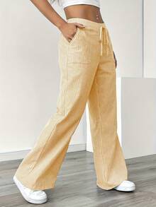 Women's Striped Wide-Leg Casual Pants - Comfortable And Stylish For All Seasons, Straight-Leg Design With A Waistband, Suitable For Everyday Wear And Festive Gatherings, Casual Wear | Striped Pattern | Comfortable Style,Vertical Stripe Drawstring Wide-Leg Pants: Slimming Fit, Comfort For Daily/Street;Relaxed Wide-Leg Trousers: Striped Design, Drawstring Waist, Versatile Outfits - Màu vàng - Xem 3