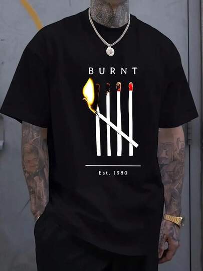 Camiseta Casual de Verano para Hombre - Manga Corta, Cuello Redondo, Diseño Quemado con Gráficos de Cigarrillos, Top de Algodón Negro para Atuendo Casual, Fin de Semana y Deportes, Top de Verano| Camiseta de cuello redondo| Tela de algodón, camiseta