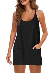 Women's Sleeveless Mini V-Neck Sundress With Spaghetti Straps, Athletic Short Dress With Pockets, Summer Casual Beach Dress For Travel, Dating, And Daily Wear  Holiday  Vacation    Casual - 黑色 - 查看 7
