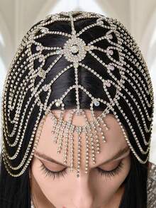 2025 New Luxury Embellished Tassel Rhinestone Hair Chain Bridal Headpiece, Fashionable M Jewelry - Multicolor - View 3