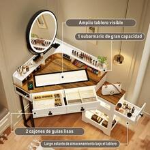 Vlsrka Tocador Vanity de Esquina con Espejo Luz LED y Taburete Taquillas y Compartimentos de Lona Tocador para Recamara con Estacion de Carga Blanco Vintage - Blanco - Ver 3
