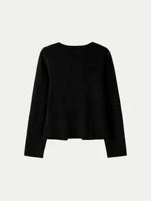 FOR BEAUTY 女款黑色 V 領不對稱鈕扣針織開襟衫，長袖上衣，時尚簡約優雅時髦休閒百搭，慵懶風格，適合日常通勤，毛衣外套，秋冬服飾，新年 - 黑色 - 查看 5