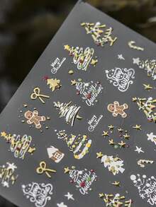 1张烫金银色圣诞树5D美甲贴纸，带雪人蝴蝶结星星冬季仙境设计，适用于圣诞节美甲装饰 - 彩色 - 查看 5