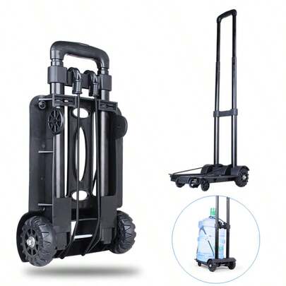 1pc,Black Mini Portable Trolley, Aluminium Alloy Tie Rod, With 2 Elastic Ropes, Folding Telescopic Pull Cargo Carriage, Convenient Trolley For Buying Food, Moving Freight, Camping Travel Essentials, Black, Reinforced High Quality 2 Wheels