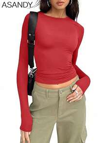 3pcs/Set Women Crew Neck Long Sleeve Solid Color T-Shirts, Fitted Casual Pullover Tops, Spring/Autumn - Multicolor - View 5