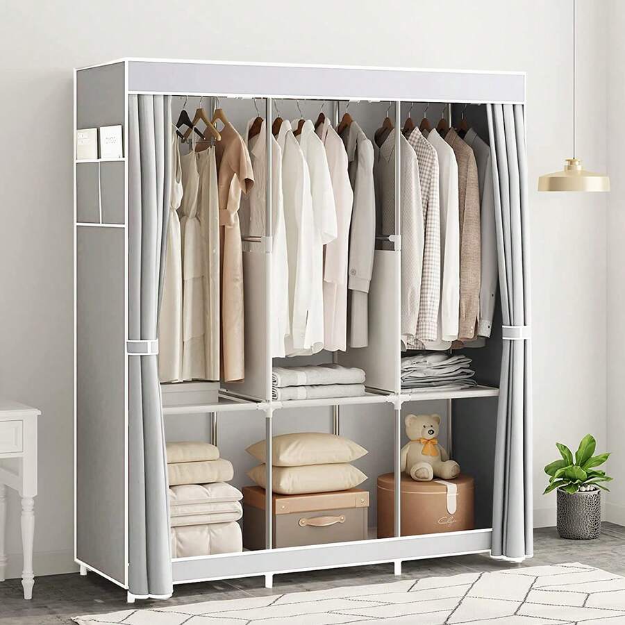 1Pcs Fabric Canvas Wardrobe With Hanging Rail Shelving Clothes Storage Large Cupboard Grey - Grey - View 1