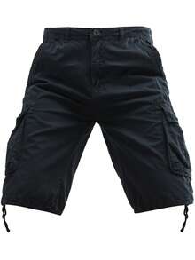 Plus-Size Men's Solid-Color Pure Cotton Fashionable Casual Campus College Style American High Street Outdoor Mountain Tactical Style Workwear Shorts - 黑色 - 查看 3