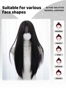 alicegarden 1 Synthetic Heat-Resistant Wig, Black Long Straight Wig With Bangs, 28 Feet Long, Made Of Fiber, Suitable For Daily Use, Natural Simulation Wig