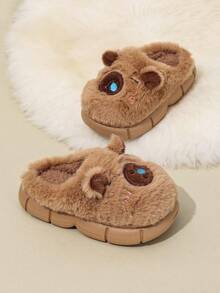 1 par de pantuflas de invierno cálidas para niños, pantuflas de felpa antideslizantes para interiores para niños y niñas, zapatos de casa lindos para niños pequeños - Marrón - Ver 3