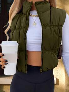 Women's Cropped Padded Vest Lightweight Zip Up Sleeveless Coat Winter Fashion Outerwear - xanh quân đội - Xem 1
