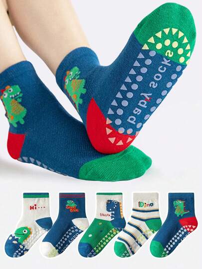 5 Pairs Kids Anti-Slip Floor Socks With Letter, Stripe, Dot, Cartoon Dinosaur Patterns, Suitable For Toddlers Boys Girls Babies, Casual Daily Wear