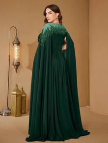 Đầm dạ hội thanh lịch dáng ôm bằng chiffon, cổ đứng, tay áo choàng, đính sequin của SUPGIR dành cho nữ cỡ lớn. - Màu xanh lá cây đậm - Xem 3