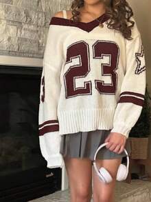 Damski top sportowy w blokach kolorów, sweter z długim rękawem i dekoltem w serek, paski w blokach kolorów, żakard ze wzorem liczbowym, do uprawiania sportu i aktywności na świeżym powietrzu, sweter damski, na siłownię i do biegania.