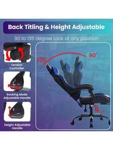 Ergonomic Racing Style Gaming Chair | Computer Desk Chair With Adjustable Lumbar Support | Breathable, Reclinable Design For Long Gaming/Work Hours - 藍色 - 查看 5