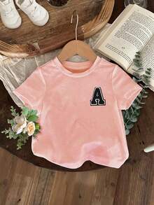 2pcs Tween Girl Letter A Print Short Sleeve T-Shirt And Flare Pants Set, Soft And Machine Washable, Spring/Summer - Pink - View 2