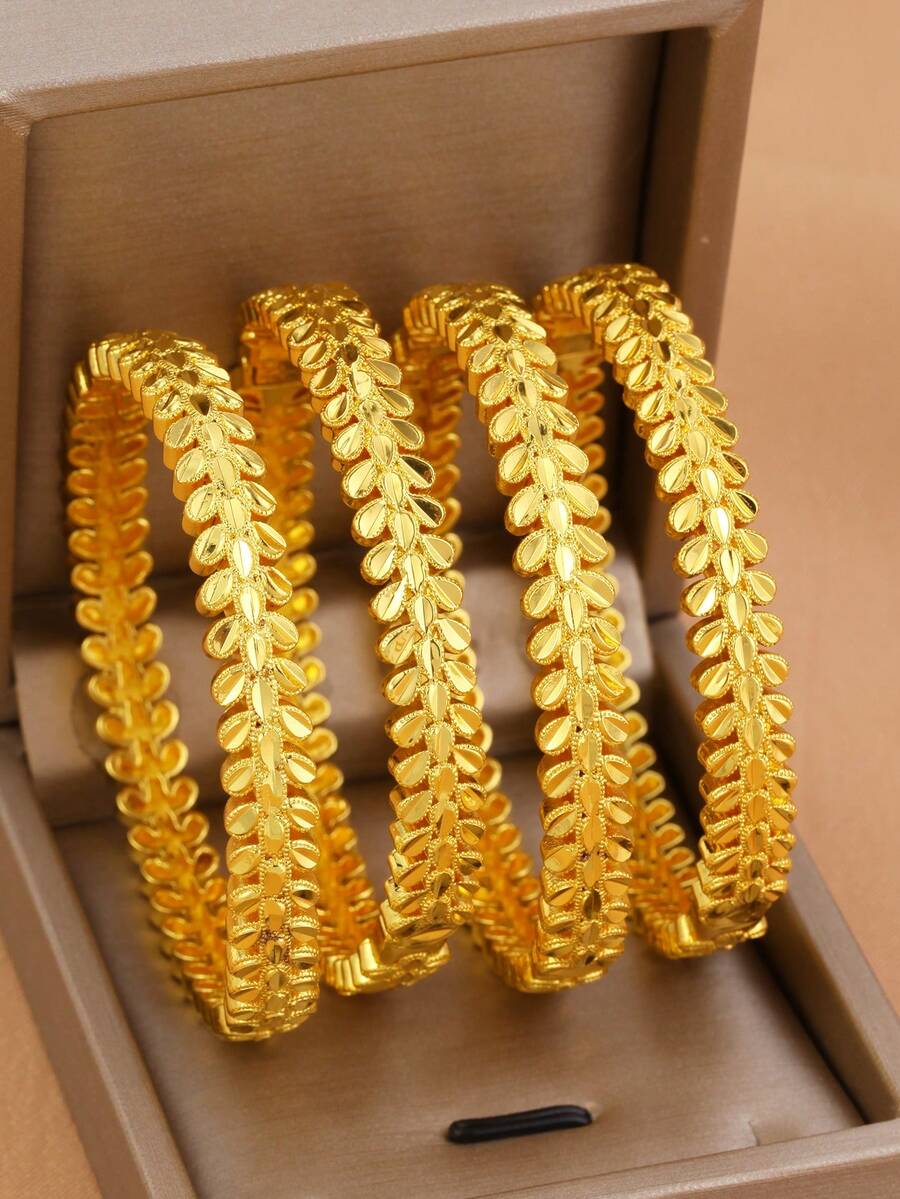 1/3/4pcs Vintage 18K Gold Plated Copper Asymmetrical Hollow Wheat Ear Cuff Bracelet Set, Suitable For Dubai/African Women's Daily, Party, Festival Gift