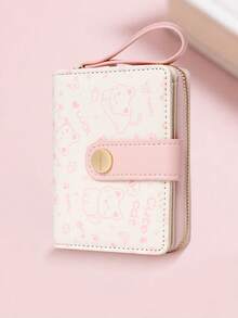 New Korean Style Folding Buckle Short Women's Wallet, Japanese Cute Cat Cartoon Integrated Card Holder, Student Bag, Zipper Coin Purse Wallet - Hoa hồng hồng - Xem 8