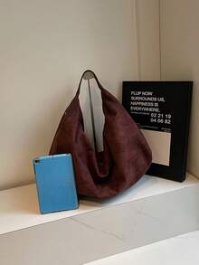 1 件大容量纯色绒面革托特包，女士休闲流浪包，时尚单肩腋下包，适合女性日常使用，秋冬热销女包，女士托特包，完美搭配秋季服装女士 - 咖啡棕 - 查看 8