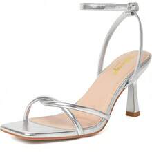 RIBONGZ Women's Heeled Sandals Square Open Toe Kitten Strappy Heels With Ankle Strap Elegant Summer Wedding Party Evening Prom Daily Wear Lace Up Dress ShoesChristmas - 銀色 - 查看 1