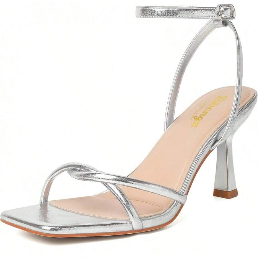 RIBONGZ Women's Heeled Sandals Square Open Toe Kitten Strappy Heels With Ankle Strap Elegant Summer Wedding Party Evening Prom Daily Wear Lace Up Dress ShoesChristmas - 銀色 - 查看 1