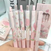 6pcs Limited Edition Pink Tulip & Red Rose Inspired High-Quality Water-Based Rollerball Pens - Quick Drying, Medium Tip, Plastic Material - Multicolor - View 3