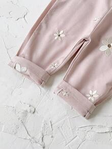 Baby Girls' Casual Allover Embroidered Floral Light Blue Suspender Pants, Summer - Baby Pink - View 12