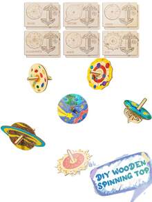 6/12 件木制工艺品套装、用于绘画和工艺品的陀螺木制工艺品套装、未完成的木制工艺品套装、DIY 可涂漆陀螺、无需电力、适用于圣诞节、万圣节和感恩节活动的创意艺术和工艺品套件 - 彩色 - 查看 5