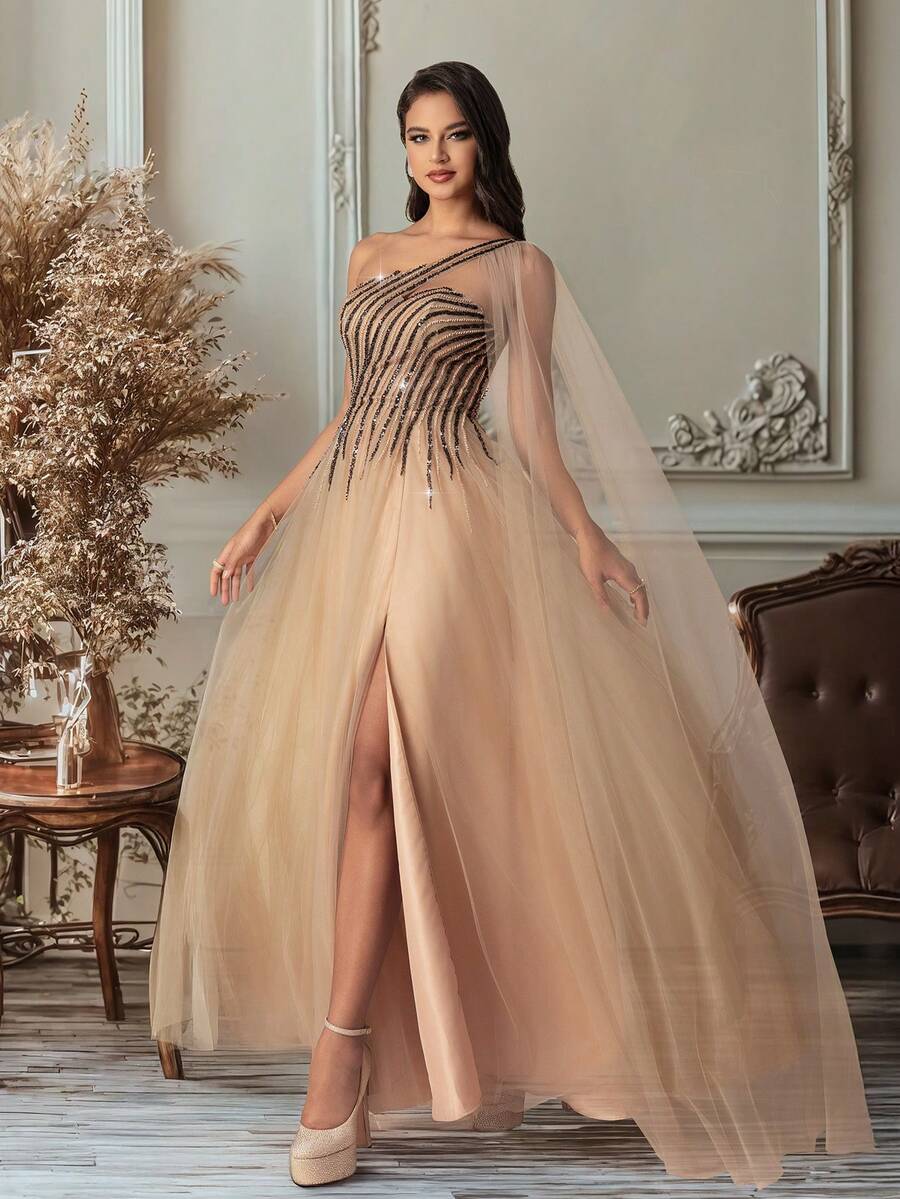 Vestido de Festa de Gala de Champanhe Transparente com Ombro Único, com Corpete Justo Listrado com Contas e Capa - Vestido de Baile Formal com Fenda Alta, Adequado para Ocasiões de Luxo - Caqui - Visão 1
