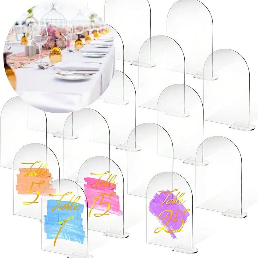 5-Piece Transparent Acrylic Arched Seat Card With 5-Piece Base, DIY Blank Writing Card, Wedding Decoration, Party Supplies, Banquet Seat Accessories, Business Card Holder - 無色 - 查看 1