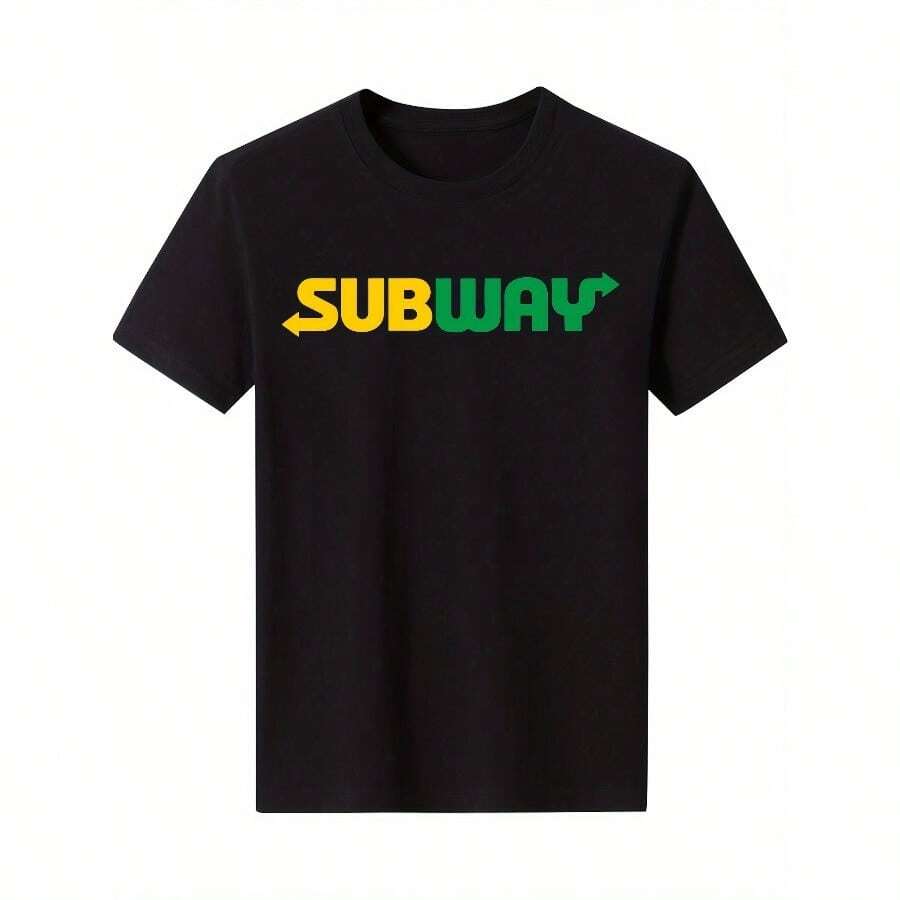 SUBWAY Men's Black Cotton T-Shirt - 100% Cotton Casual Summer Fashion Short Sleeve With Bold Colorful Letter Print, Street Style, Machine Washable - 黑色 - 查看 1