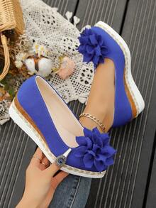 1 Pair Navy Pearl Linen Lotus Thick Platform Pointed Toe Slip-On Casual Comfortable Non-Slip Loafers, Versatile Women Shoes Suitable For Halloween, Sports, Casual, Home, Office, Party, Wedding, All Seasons