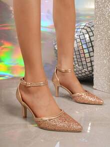Szampańskie cekinowe paski z szpiczastym noskiem na wysokim obcasie z wycięciem - Szampan - Zobacz 7