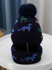 2 件恐龙冬季儿童针织帽，男孩女孩保暖内衬无檐小便帽围巾套装，厚针织绒球帽和颈部保暖围巾套装