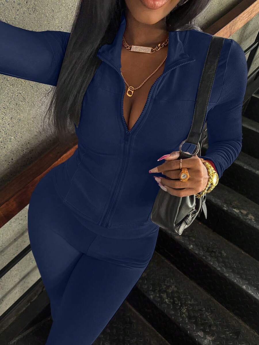 女士粉色拉链长袖上衣和裤子两件套，休闲通勤运动风，新款时尚