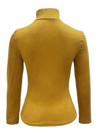 Elegant Solid Color Long Sleeve Turtleneck Slim Fit T-Shirt, For Spring/Autumn