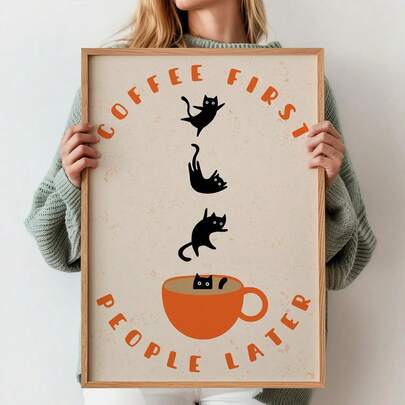 1 pieza, Arte de pared, Póster vintage, Impresión artística de gato buzo de café, Pintura de lienzo de gato negro divertido, Decoración de sala de estar, Diseño estético de dormitorio, Regalo para amigos, Regalo de inauguración de la casa, Sin marco