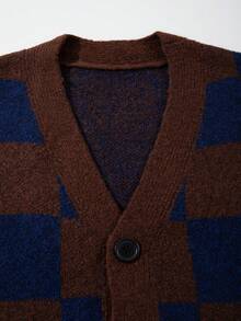 Unisex Casual Loose Fit Textured Plaid Pattern Sleeveless Button-Front Cardigan Sweater, Versatile For Spring, Autumn, Winter - Brown - View 4