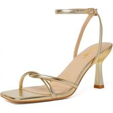 RIBONGZ Women's Heeled Sandals Square Open Toe Kitten Strappy Heels With Ankle Strap Elegant Summer Wedding Party Evening Prom Daily Wear Lace Up Dress ShoesChristmas - 金色 - 查看 1