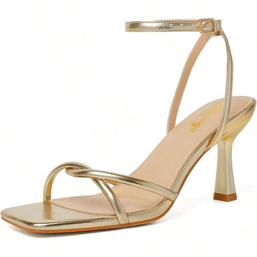 RIBONGZ Women's Heeled Sandals Square Open Toe Kitten Strappy Heels With Ankle Strap Elegant Summer Wedding Party Evening Prom Daily Wear Lace Up Dress ShoesChristmas - 金色 - 查看 1