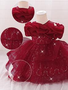 Baby Girls Sequin Mesh Cute Birthday Princess Dress, Suitable For Party, Celebration, Outing, Does Not Include Headband - Burgundy - View 6