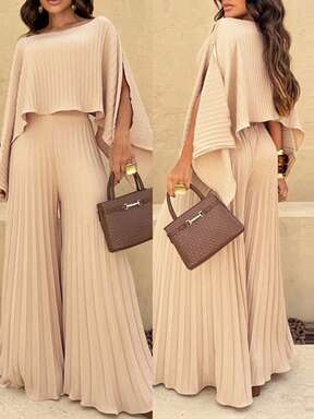 ChicMe 3 Pieces Women Tube Top And Strapless Crop Top Irregular Hem Slit Sleeve Pleated Top High Waist Wide Leg Pleated Pants Set Stylish Casual Solid Color Set For Daily Office