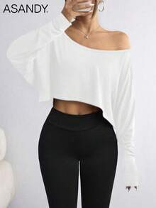 2 piezas Camisetas de mujer con hombros descubiertos, blusas casuales sueltas, conjunto de uso diario y para el hogar, otoño/invierno - Multicolor - Ver 3